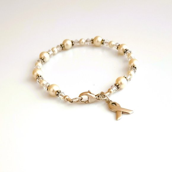 925 Pearl & Crystal Bracelet 7.5" SIC Sterling Silver Breast Cancer Awareness - Picture 1 of 9
